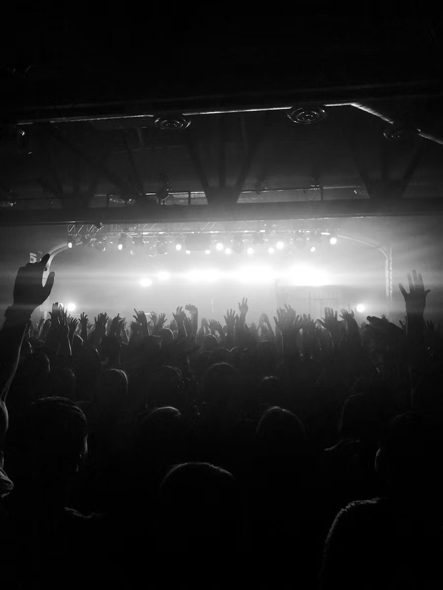A crowd silhouetted against bright stage light.