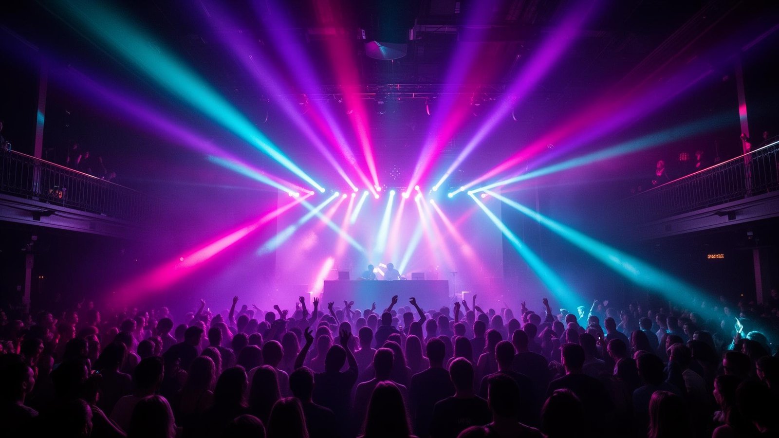 A packed venue lit by beams cutting through haze.